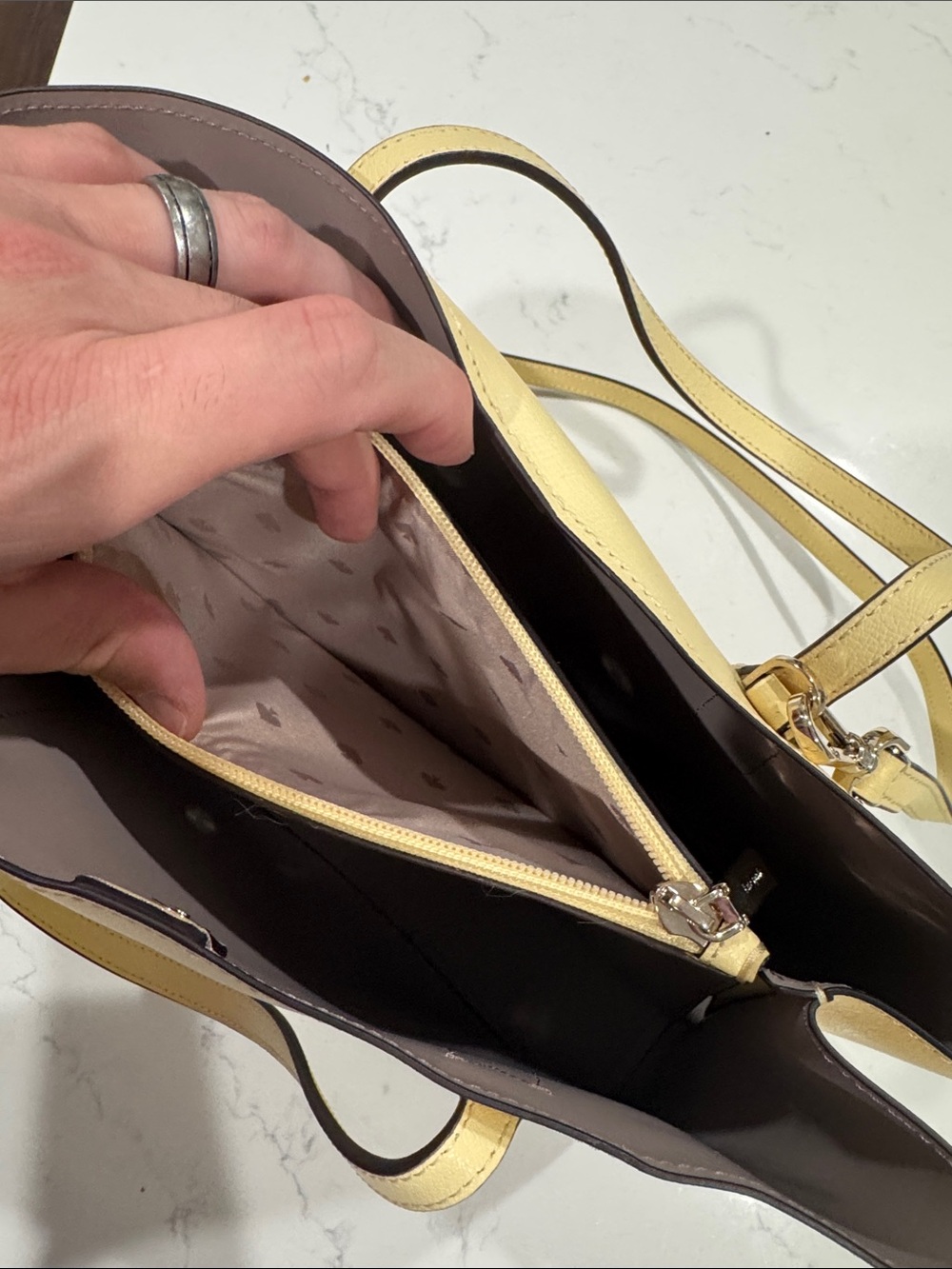 kate spade Cream Leather Tote with Top Handles. Color is butter. - Picture 5 of 5